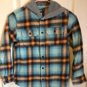 Oshkosh Boys turquoise and orange plaid hooded flannel shirt.